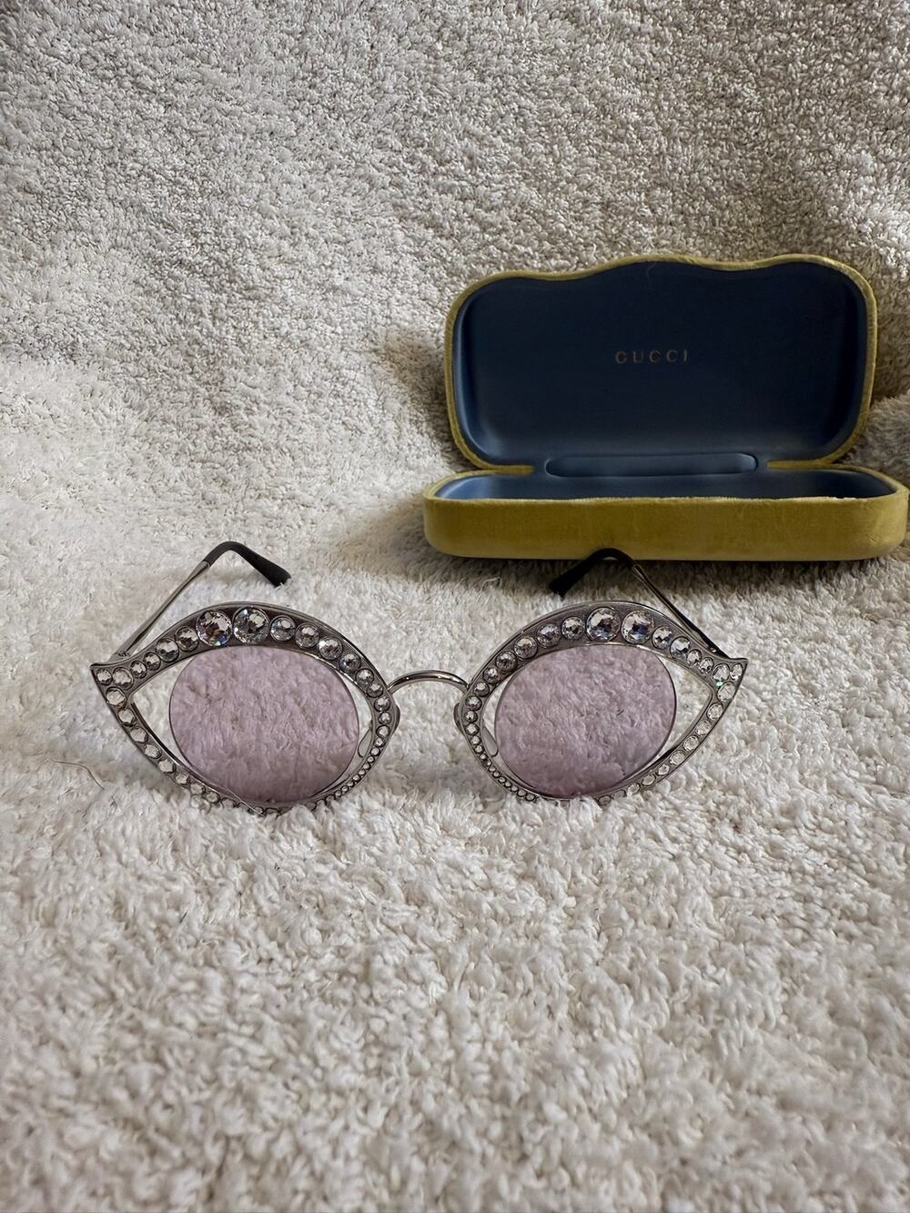 Gucci GG0506S Crystal Rhinestone Cat Eye Sunglasses Silver Frame Tinted Lens